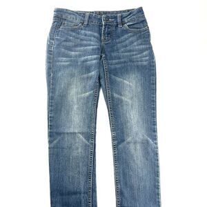 Rue21 Pants Women 0/1 Blue Denim Jeans Low Rise Straight Medium Wash Embellished